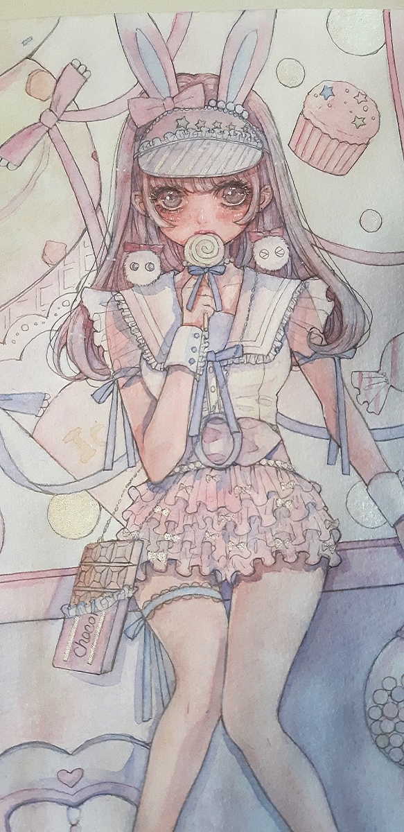 手描き イラスト ゆめかわいい？ 女の子 アナログ 透明水彩 原画