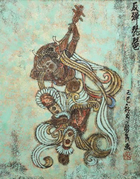 中国画　額付 真作】【WISH】葛新民 「反弾琵琶」10号 中国画 ◇中国画家(1951～) ・中国