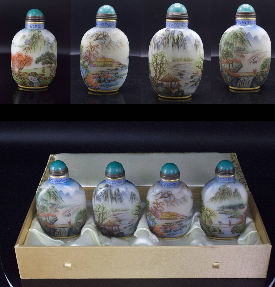 ☆極品BY12 中国古玩 【乾隆山水鼻煙壺4個セット】 箱付き 時代保証