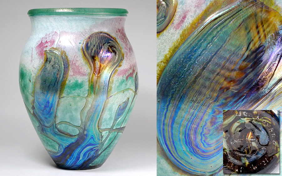 ∇花∇近代フランスガラス芸術【ジャン＝クロード・ノバロ】作 1989年作品 ラスター彩被せガラス水辺風景文花瓶 作者サイン | オールドバカラ、ハンドカット「アールヌーボー 草花文 アートの森ヴェネチア、プラハ、パリ 一家に一枚ガラス 西田雅之｜NA-utsuwa