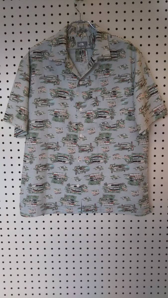 THE NORTH FACE ザ ノース フェイス サイズL 開襟シャツ アロハシャツ キャンピングカー 水色 ポリエステル100% 青 通気性抜群