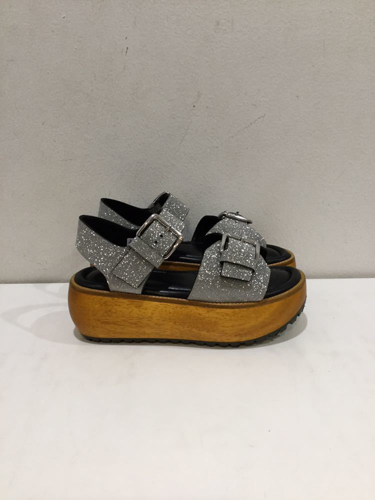 MARNI マルニ サンダル ウッドソール レザー 厚底 シルバー ラメ  