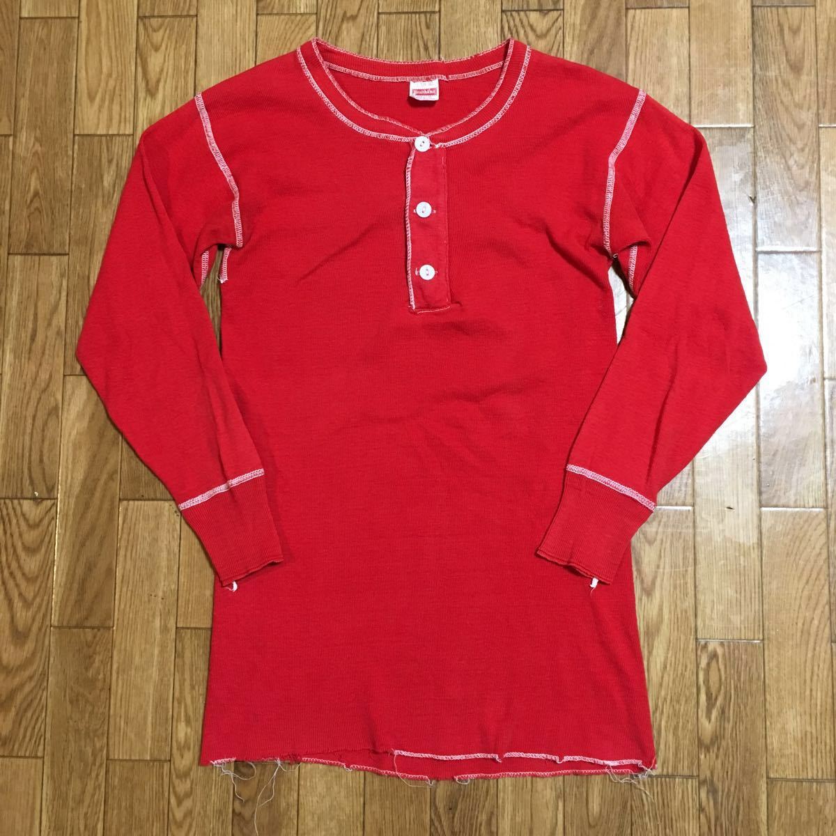 70s USA製 Healthknit ヘンリーネック 長袖シャツ 赤 Sサイズ 古着 