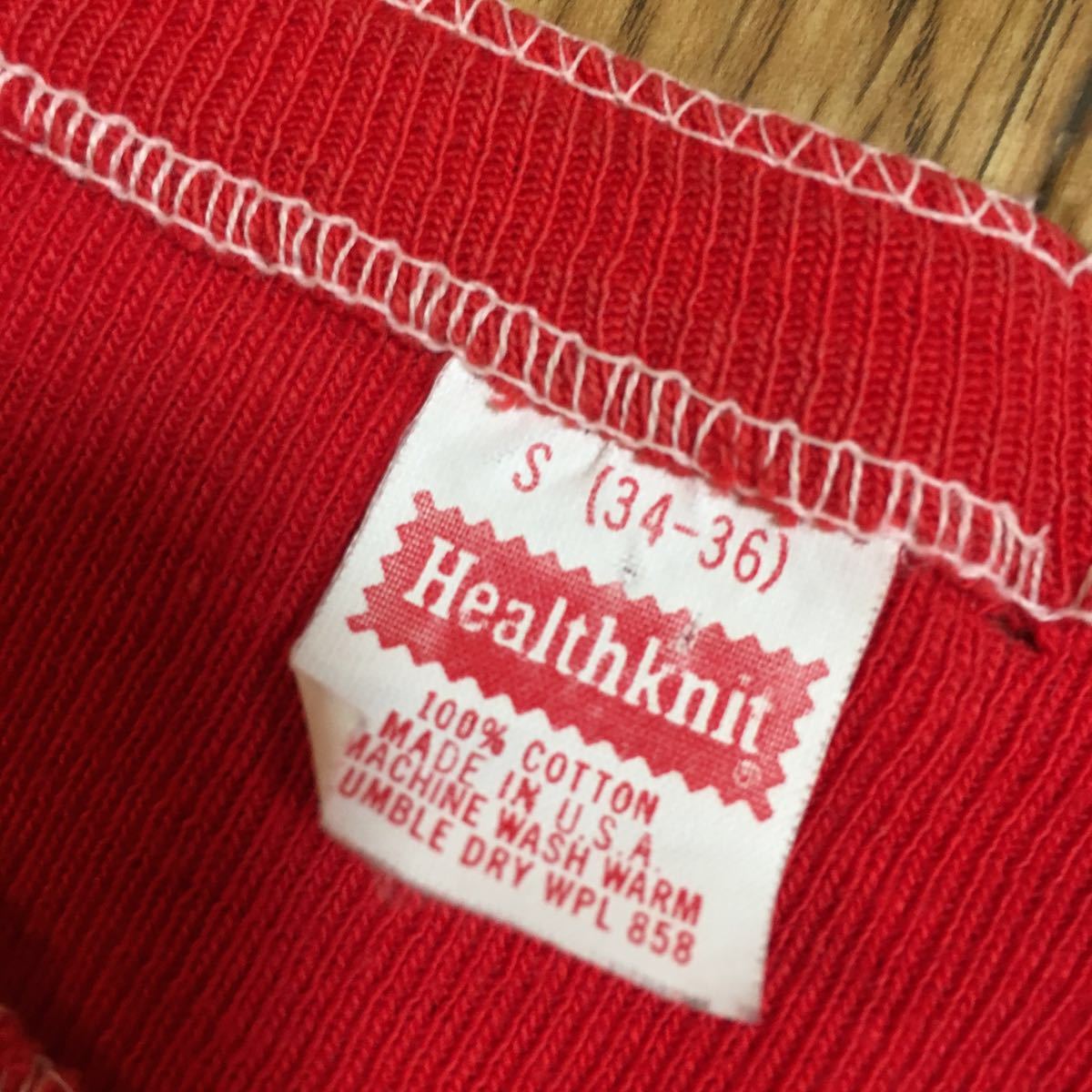 70s USA製 Healthknit ヘンリーネック 長袖シャツ 赤 Sサイズ 古着 