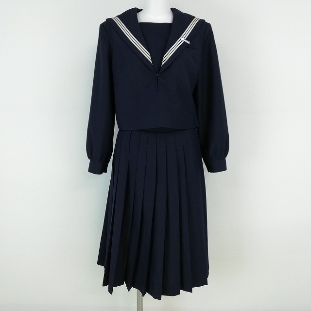 1円 セーラー服 スカート 上下2点セット 富士ヨット 冬物 長袖 白3本線 女子 学生服 香椎高校 紺 制服 中古 ランクC EY7466