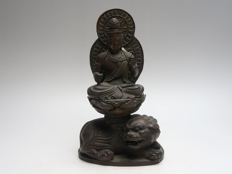 【集】081232古銅製　仏像置物　獅子乗り菩薩彫刻　中国明時代仏教美術