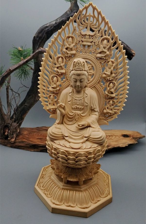 観自在菩薩【仏像・彫刻・木彫】 置物 彫刻仏像 風水 天然ツゲ 手彫り