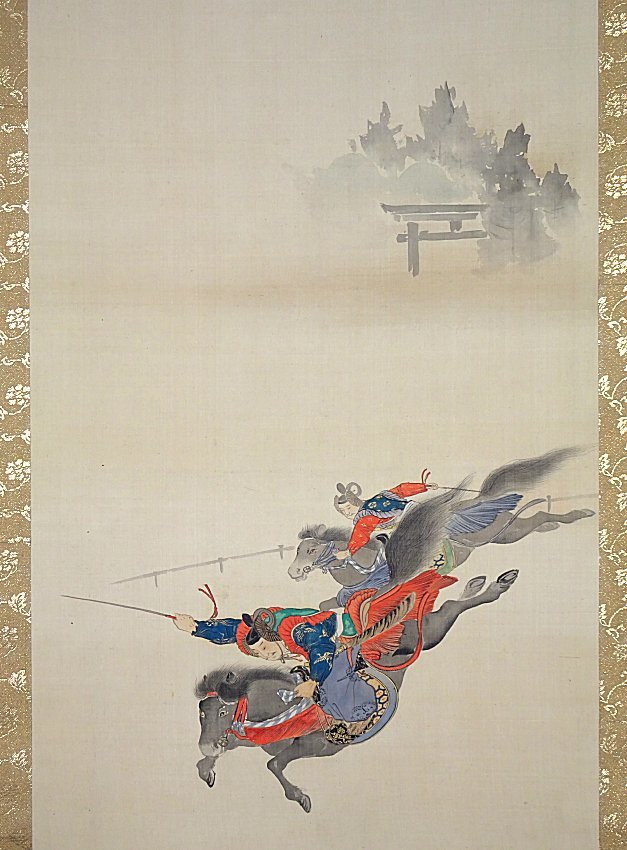 冷泉為恭、鷹狩図襖絵、超希少・大判画集画、新品高級額装付 掛け軸】 冷泉為恭 「加茂競馬」 真作 真筆保証 絹本 金襴表装 幕末の