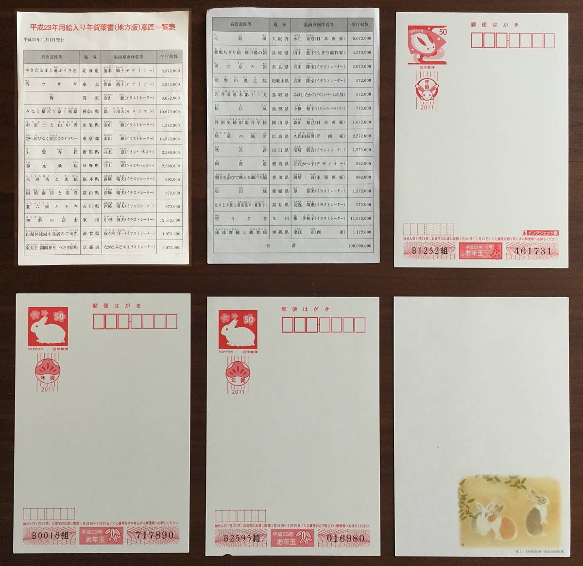 100%新品，最新作 平成23年用絵入り年賀はがき 地方版全29種定価55円&times;29枚と 雪うさぎ 梅模様 梅模様くぼみ入り 兎1 年賀はがき各1枚-計50円&times;4枚(お年玉、年賀)｜売買されたオークション情報、yahooの商 行事、歳時