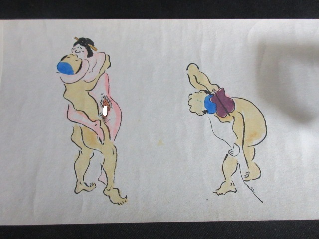 高級肉筆】鳥羽絵風 面白春画 巻物 「逸物選」 桐箱・真田紐付き 絵巻物 春画 枕絵 鳥羽絵 穴相撲画 10葉 珍画/萬画 肉筆 紙本 絹本表紙