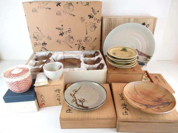 和食器 7点セット 能穴焼 越前焼 黄瀬戸焼 清水焼 カップ&ソーサー 平皿 丸皿 小皿 小鉢 箸置 六月陶房 お香立て 井高洋成 河村俊郎 共箱付_1
