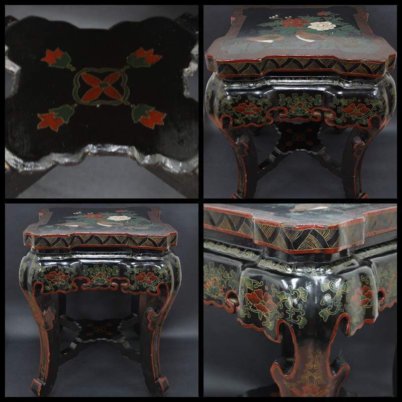 閑】木製漆塗細工彫『牡丹鶉文祥瑞文』高足花台猫脚台 飾台 香炉台