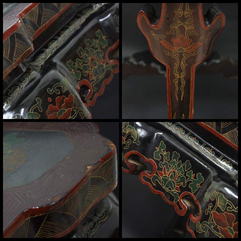閑】木製漆塗細工彫『牡丹鶉文祥瑞文』高足花台猫脚台 飾台 香炉台