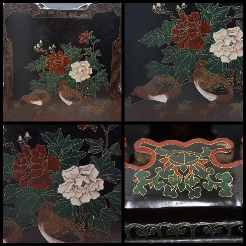 閑】木製漆塗細工彫『牡丹鶉文祥瑞文』高足花台猫脚台 飾台 香炉台