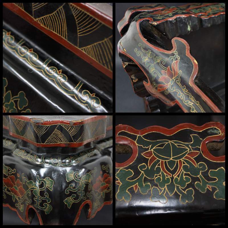 閑】木製漆塗細工彫『牡丹鶉文祥瑞文』高足花台猫脚台 飾台 香炉台 閑】木製漆塗細工彫『牡丹鶉文祥瑞文』高足花台猫脚台 飾台 香炉台