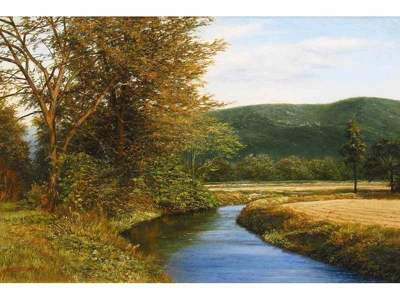 GINZA絵画館】リアリズム・中村英夫 油絵6号「畑地の小川」細密