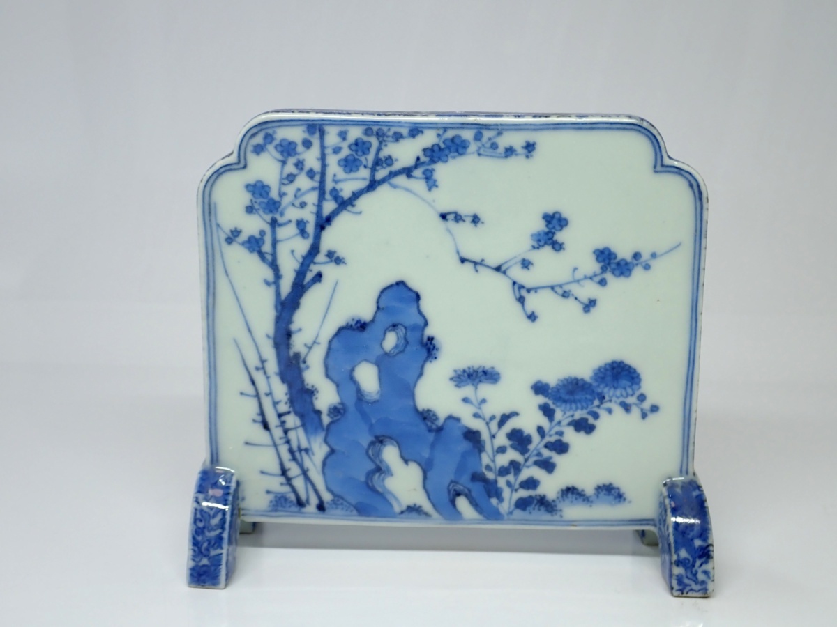 高品質，爆買い】 古伊万里 染付草花図硯屏 幅：13.8cm C068S