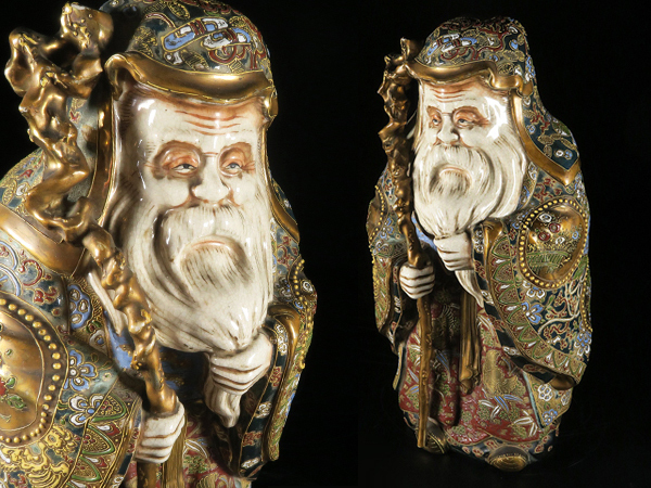 魁】旧家蔵出 時代物 薩摩焼 金彩色絵 福禄寿 寿老人 置物 高さ32