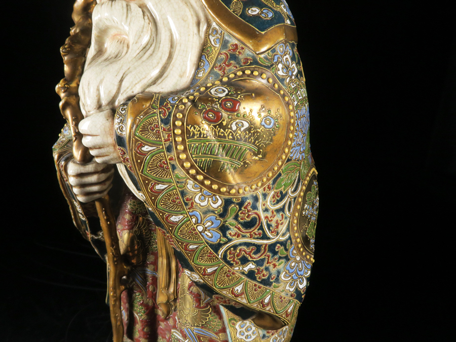 魁】旧家蔵出 時代物 薩摩焼 金彩色絵 福禄寿 寿老人 置物 高さ32