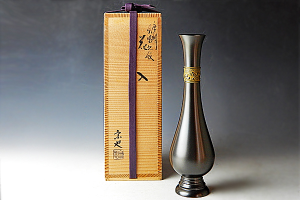 美品 唐銅 桔梗口 花入 一ノ瀬宗也造 利久所持写高岡銅器 元箱 中国