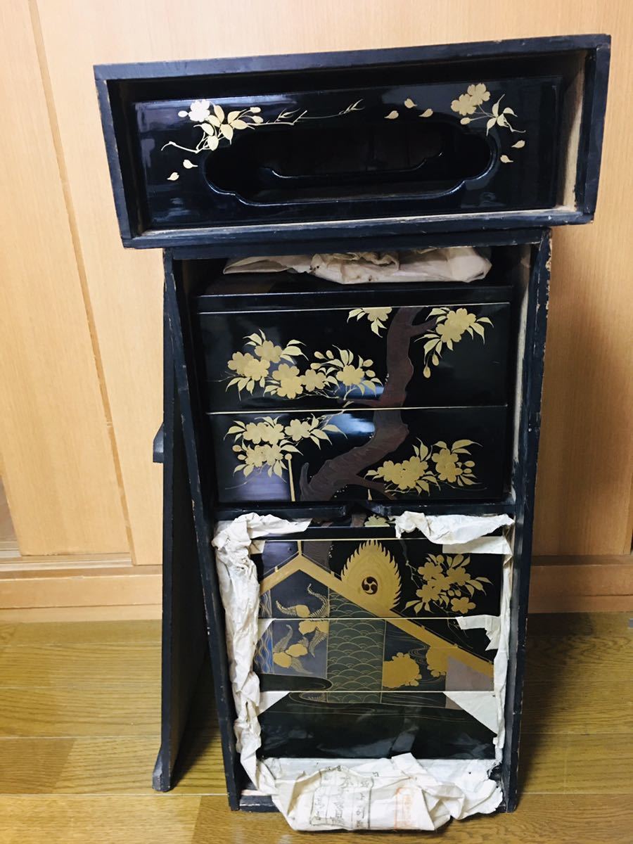 会津漆器 蒔絵師 久良人作 天然木 うるし塗装 木製 重箱 三段 未使用