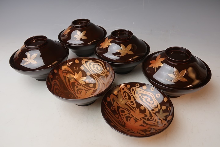 【遅日亭】時代 竜田川蒔絵 木製 吸物椀 5客 無傷 明治時代 i305wt