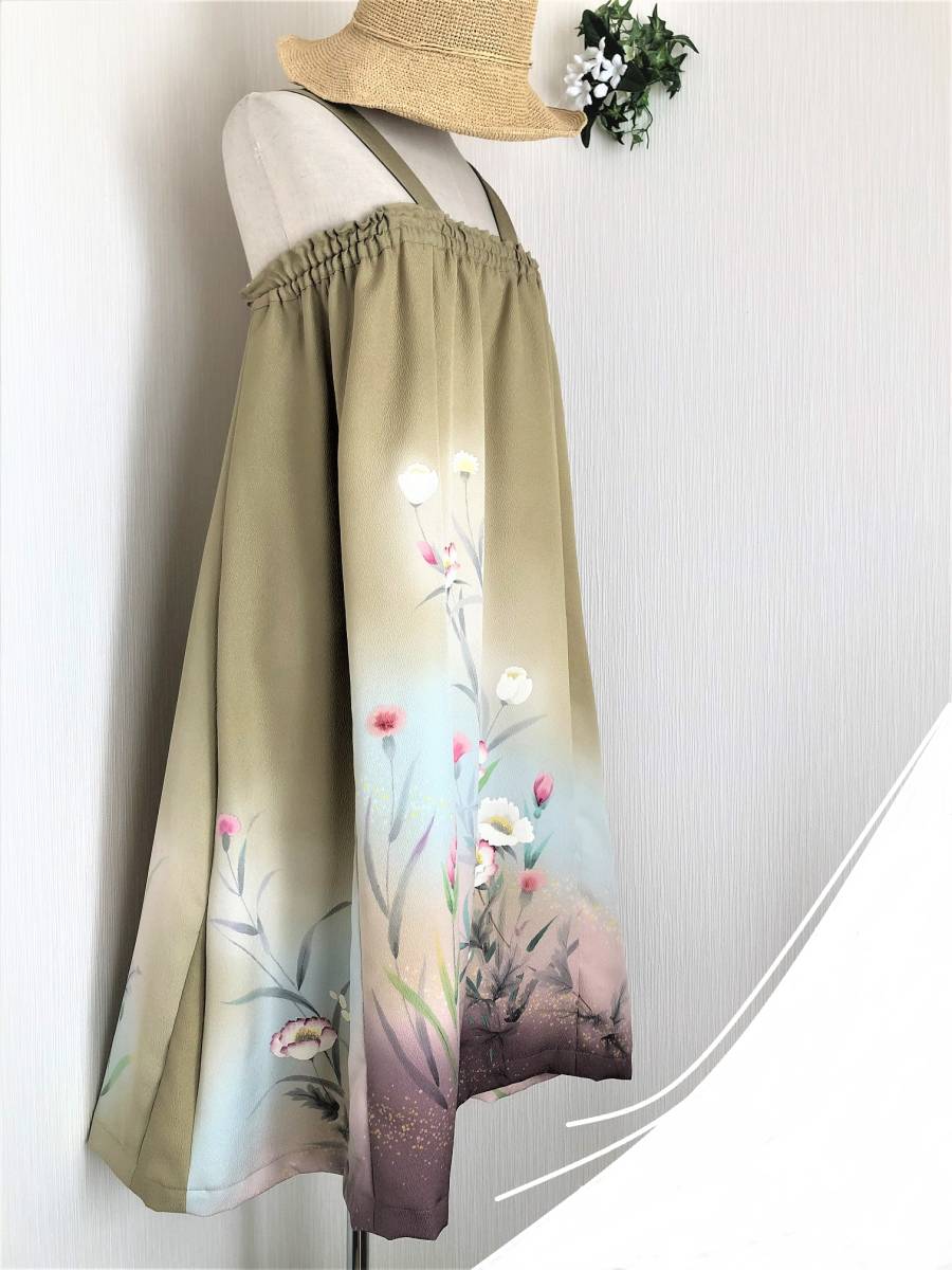 古布遊人☆アンティーク 着物　花模様手描き訪問着　抹茶色　ギャザースカート（サンドレス）　ブラウス 訪問着 正絹 花柄 黄緑 椿 手描き