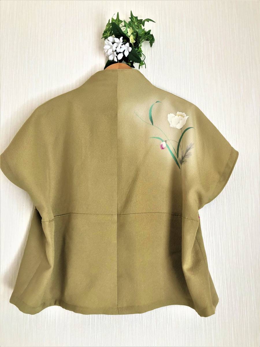 古布遊人☆アンティーク 着物　花模様手描き訪問着　抹茶色　ギャザースカート（サンドレス）　ブラウス 訪問着 正絹 花柄 黄緑 椿 手描き