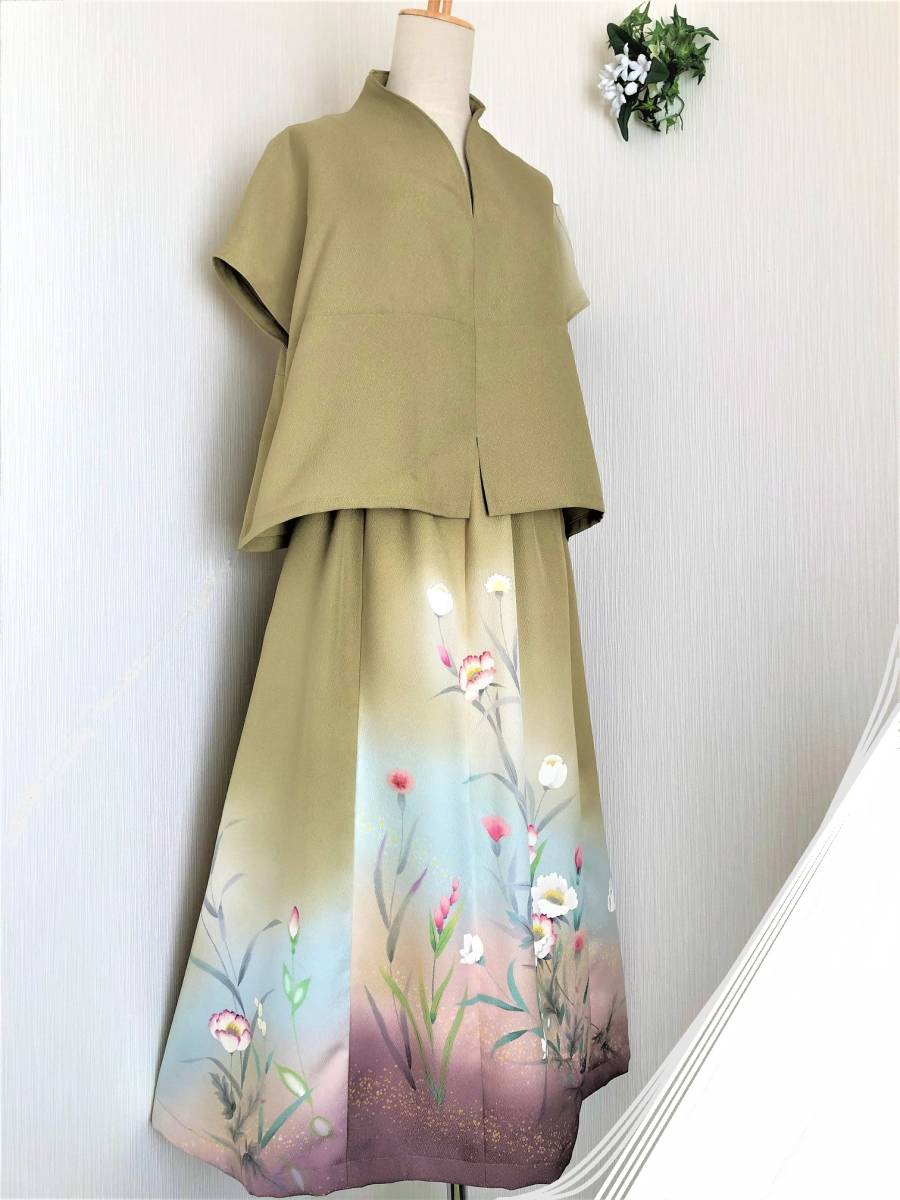 古布遊人☆アンティーク 着物　花模様手描き訪問着　抹茶色　ギャザースカート（サンドレス）　ブラウス 訪問着 正絹 花柄 黄緑 椿 手描き