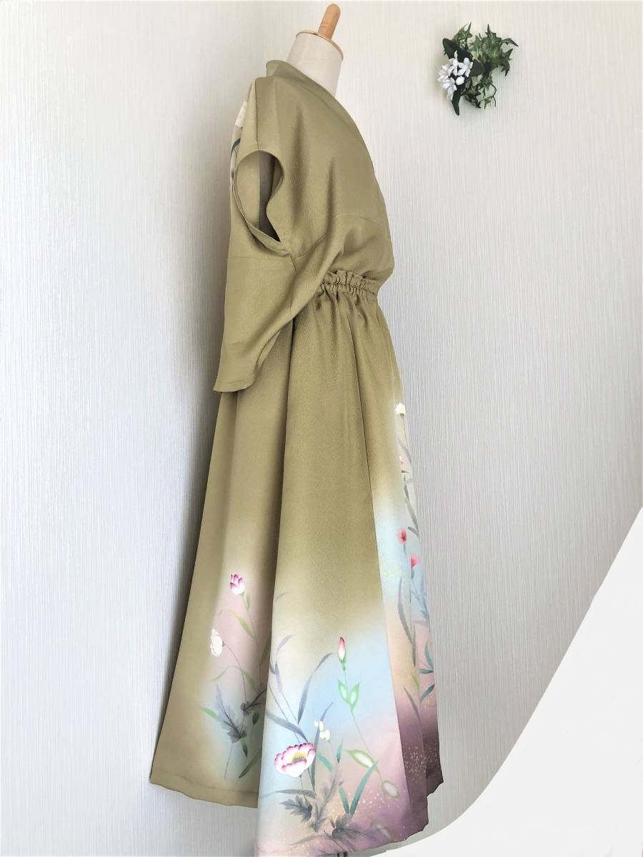 古布遊人☆アンティーク 着物　花模様手描き訪問着　抹茶色　ギャザースカート（サンドレス）　ブラウス 訪問着 正絹 花柄 黄緑 椿 手描き