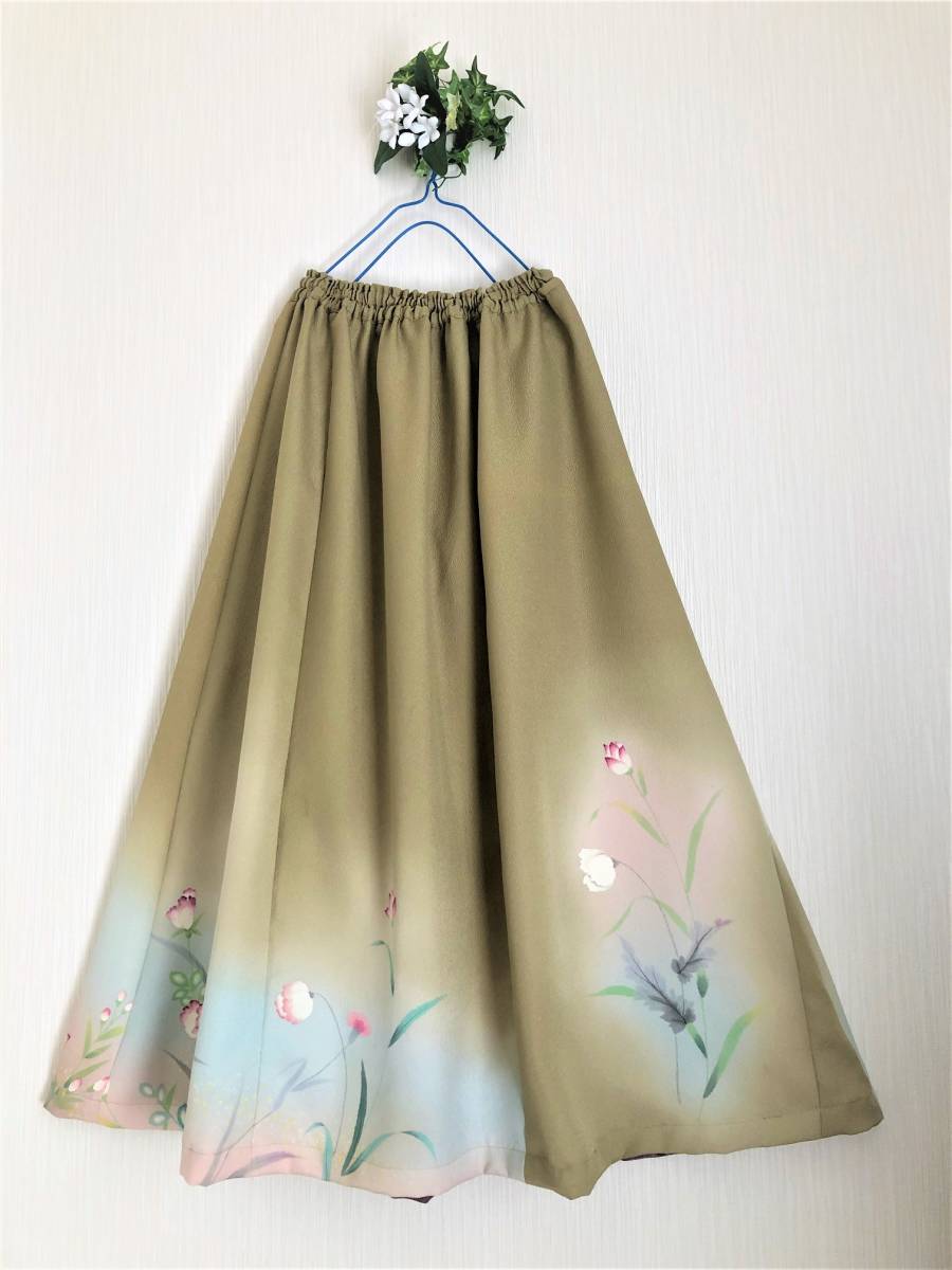 古布遊人☆アンティーク 着物　花模様手描き訪問着　抹茶色　ギャザースカート（サンドレス）　ブラウス 訪問着 正絹 花柄 黄緑 椿 手描き