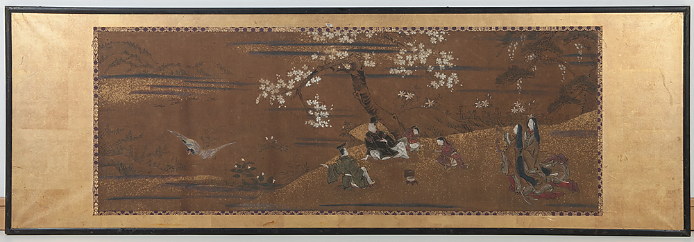 【五】古画 大和絵 花見人物図 絹本 彩色 扁額