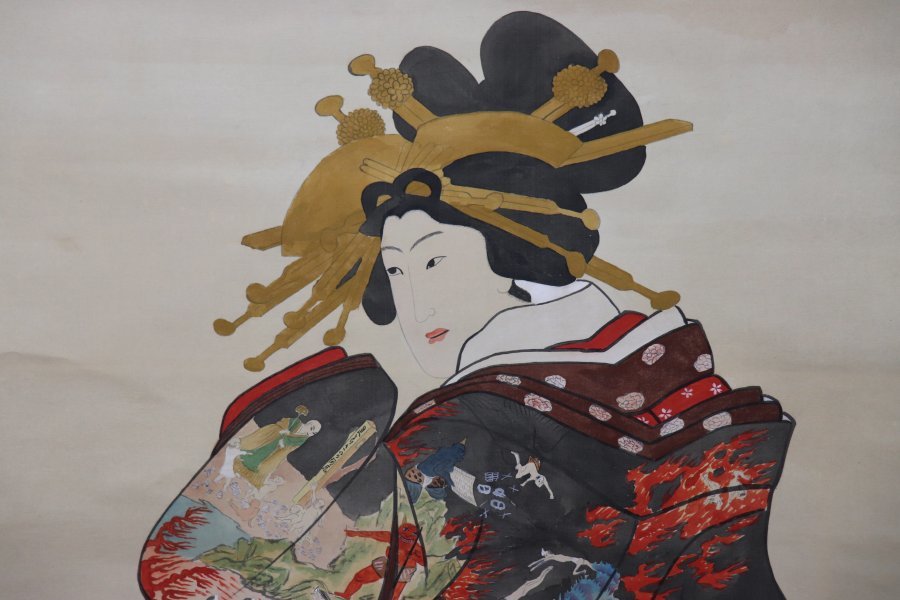 花魁（おいらん）美人画　浮世絵　古画　下図　絹本　掛軸 肉筆浮世絵美人図 花魁[20076000624]の写真・イラスト素材｜アマナ