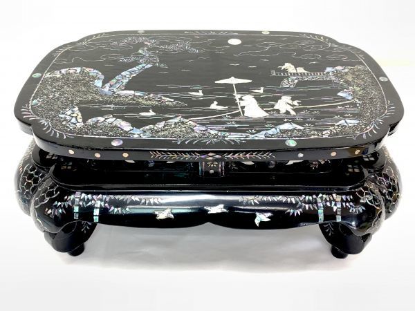 時代唐物 青貝螺鈿細工 楼閣人物 平卓 花台 香炉台 58cm 木製【MA624 花台 青貝螺鈿細工 楼閣人物 香炉台 時代唐物 平卓 58cm 木製MA624