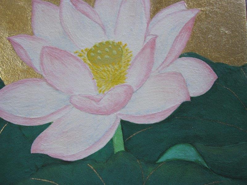 日本画「蓮華」FSM号 ハスの花 金箔、岩絵の具 肉筆画 サムホール和風