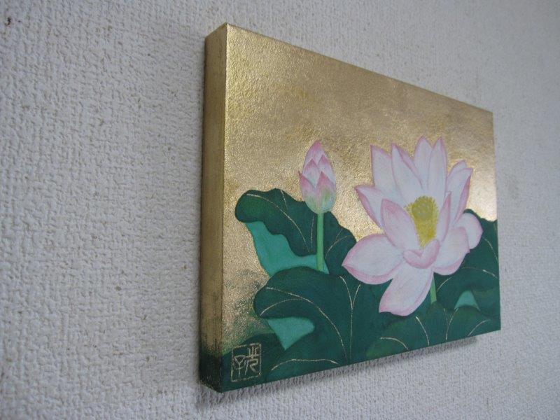 蓮の花 日本画 金箔 日本画「蓮華」FSM号 ハスの花 金箔、岩絵の具 肉筆画 サムホール和風