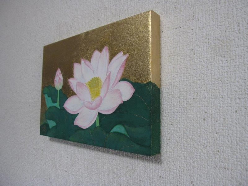 日本画「蓮華」FSM号 ハスの花 金箔、岩絵の具 肉筆画 サムホール和風