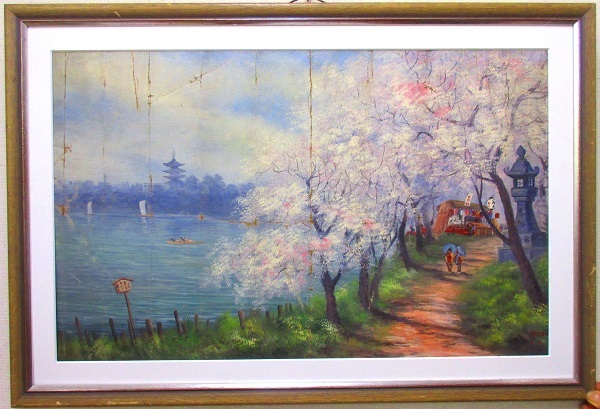 油彩 黒田清輝 「仮・花見茶屋」1920年 70×44.0㎝ 額寸84.0×57.0