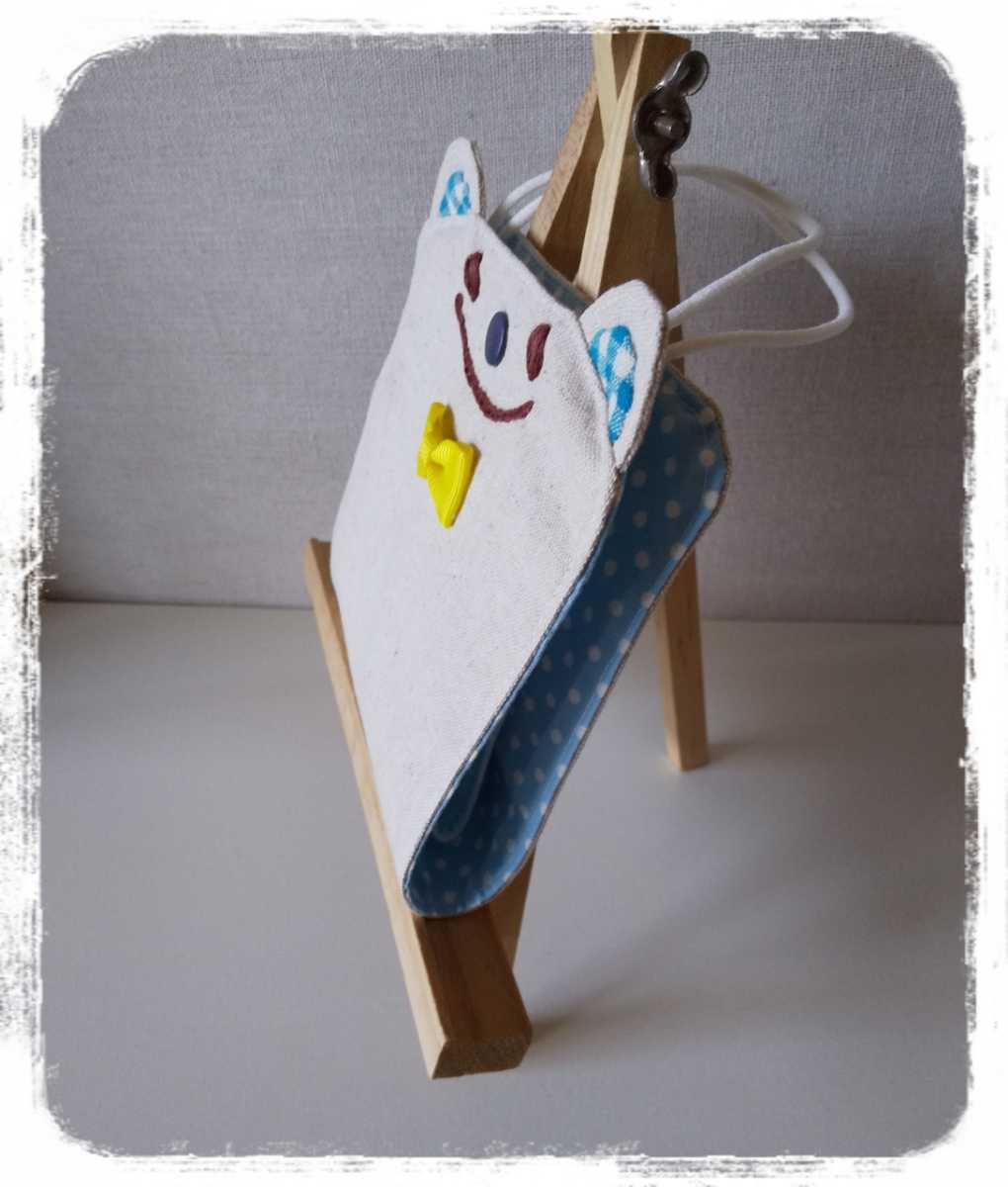 ハンドメイド☆仮置きマスクケース＊にっこりくまさん＊ドット＊ハート刺繍★黄色の蝶ネクタイ＊お顔刺繍＊マスクの一時保管に大活躍！_3