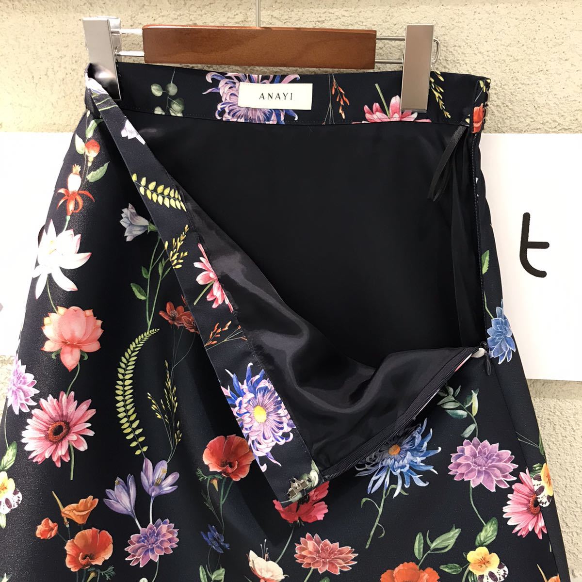 アナイ ANAYI ボタニカルフラワーシフォンスカート 38 黒 白 総