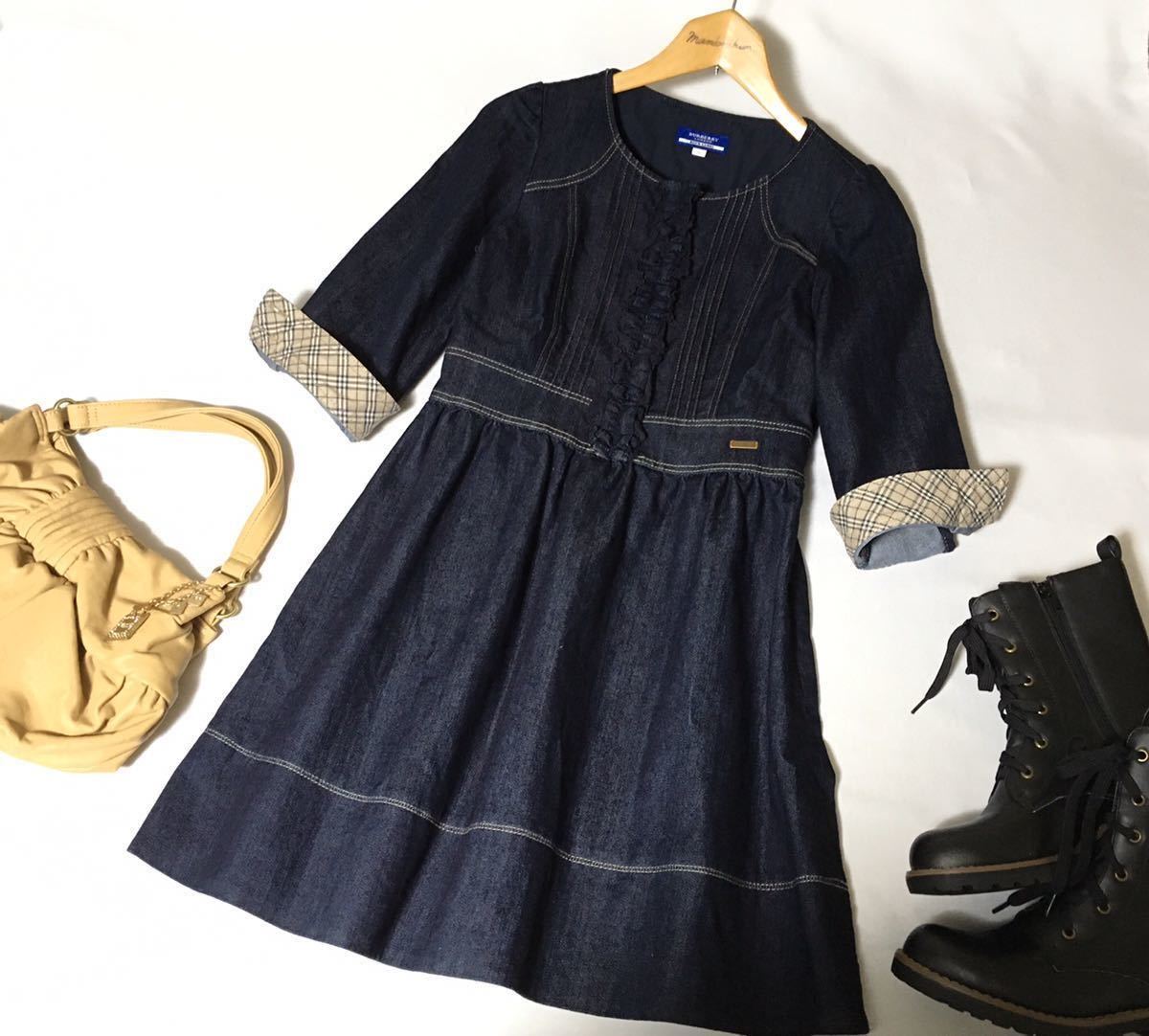 バーバリーブルーレーベル 折り返しチェックのお袖に胸元フリルが可愛いデニムワンピース 38 ワンピース 売買されたオークション情報 Yahooの商品情報をアーカイブ公開 オークファン Aucfan Com