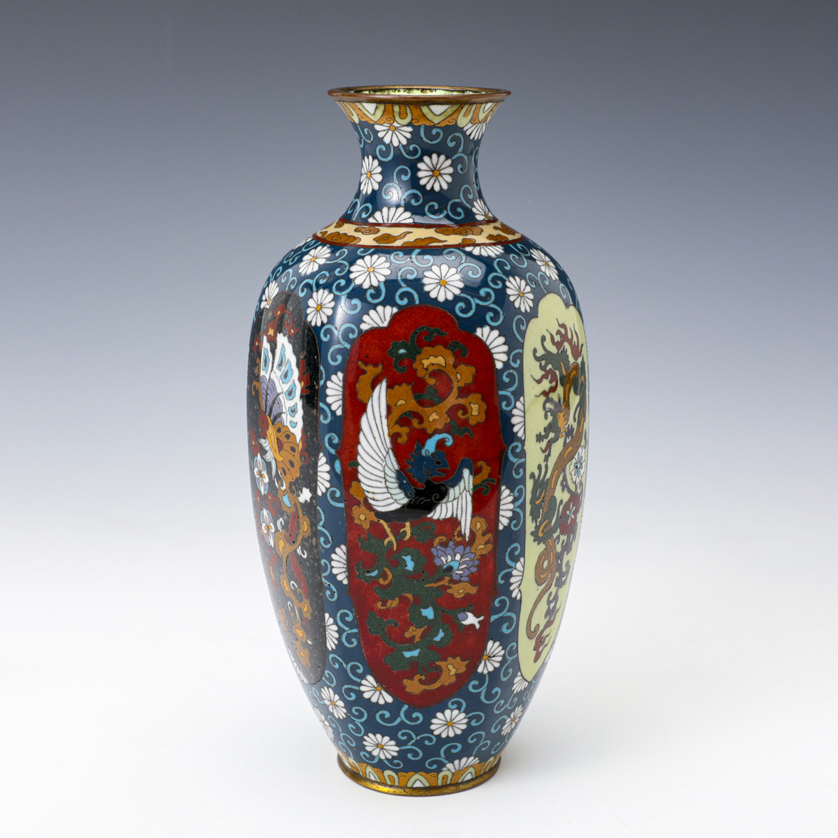 エスト】七宝焼〔間取龍鳳凰蝶文六角花瓶〕希少 美品 伝統工芸 明治