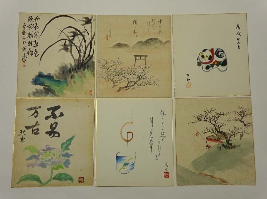 愛新覺羅永溶 作 【茅亭綠陰】 青綠山水畫卷 肉筆真作(S-3) 肉筆 色紙 緑屋c□ 短冊 まとめて35枚 山水 花鳥 人物 在銘