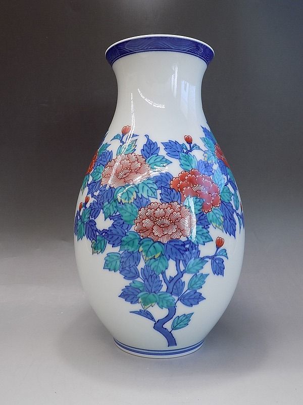 b361 人間国宝 十四代 今泉今右衛門 錦 牡丹絵 大振り 花瓶 飾壷 高さ