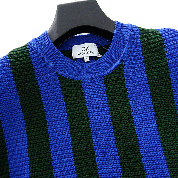 新品 2.9万 カルバンクライン ウール ストライプ ニット M 青 緑 【I43113】 CK CALVIN KLEIN メンズ 秋冬 セーター カジュアル 長袖 カルバンクライン ストライプ 新品 グレー マフラー オーバー