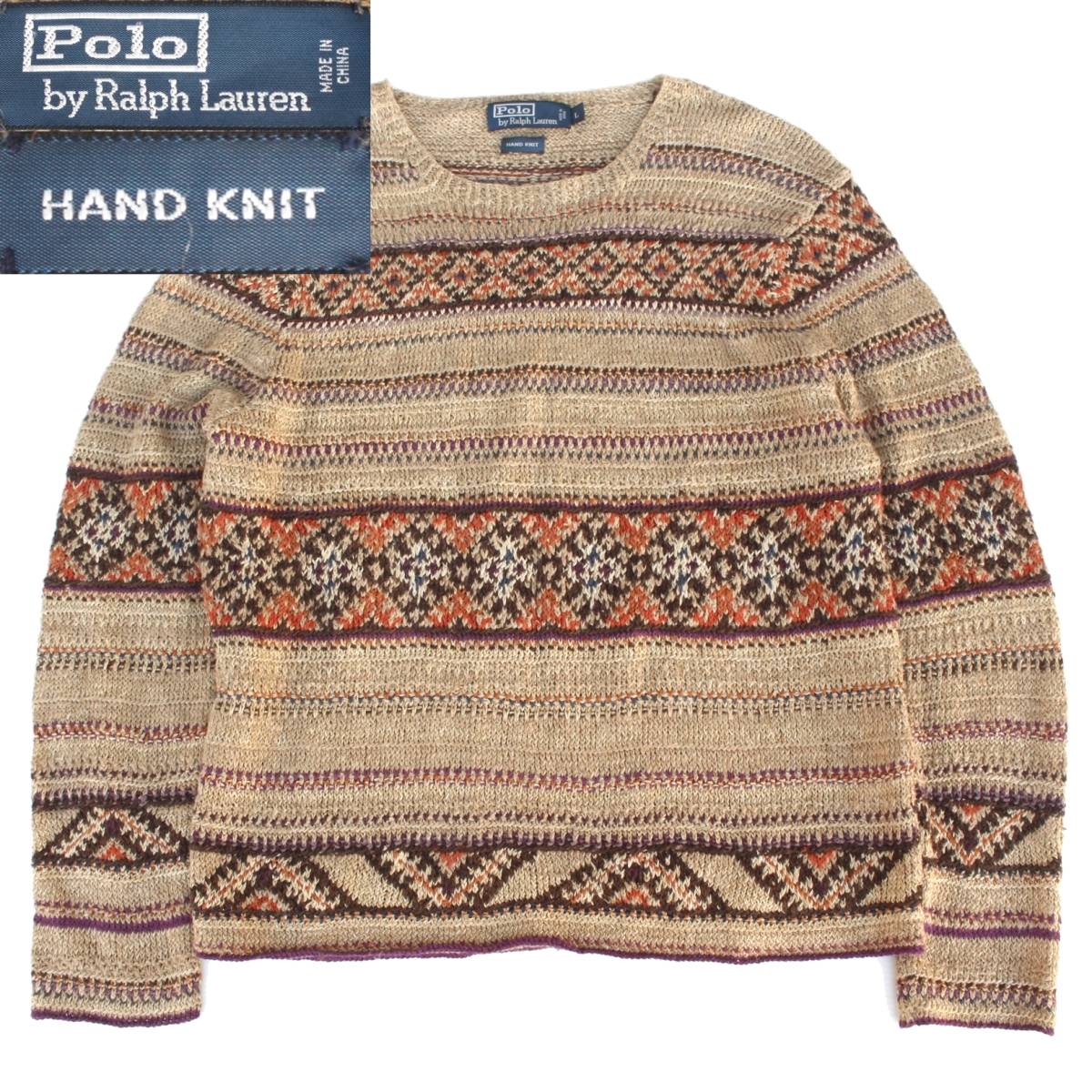 (09150)良品90s-00s RalphLaurenラルフローレン絹麻HAND KNITセーターL (民族柄ネイティブ シルク リネン紺タグ ハンドニットPoloポロ) POLO Ralph Lauren | ThriftTale リネン