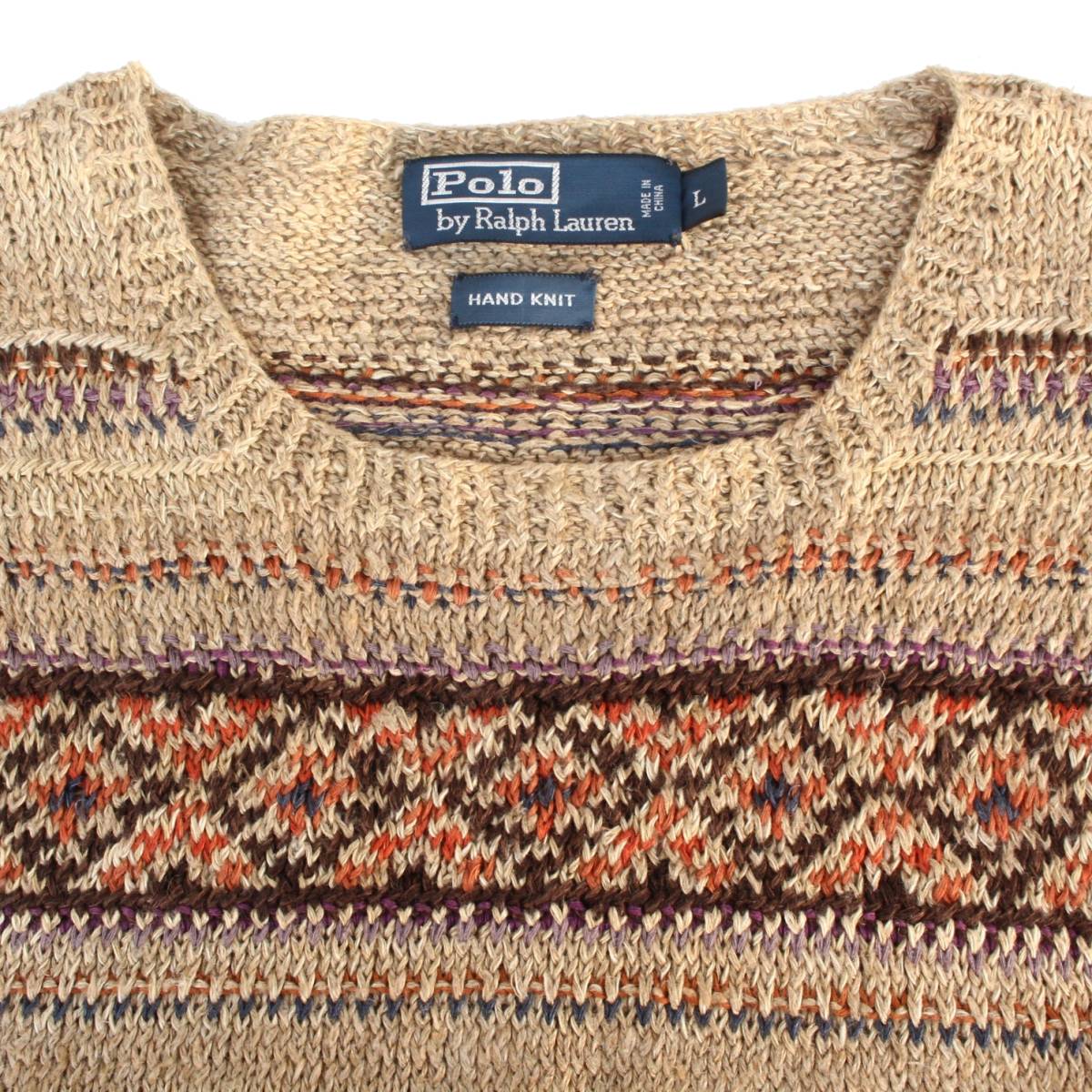 (09150)良品90s-00s RalphLaurenラルフローレン絹麻HAND KNITセーターL (民族柄ネイティブ シルク リネン紺タグ ハンドニットPoloポロ) POLO Ralph Lauren | ThriftTale リネン