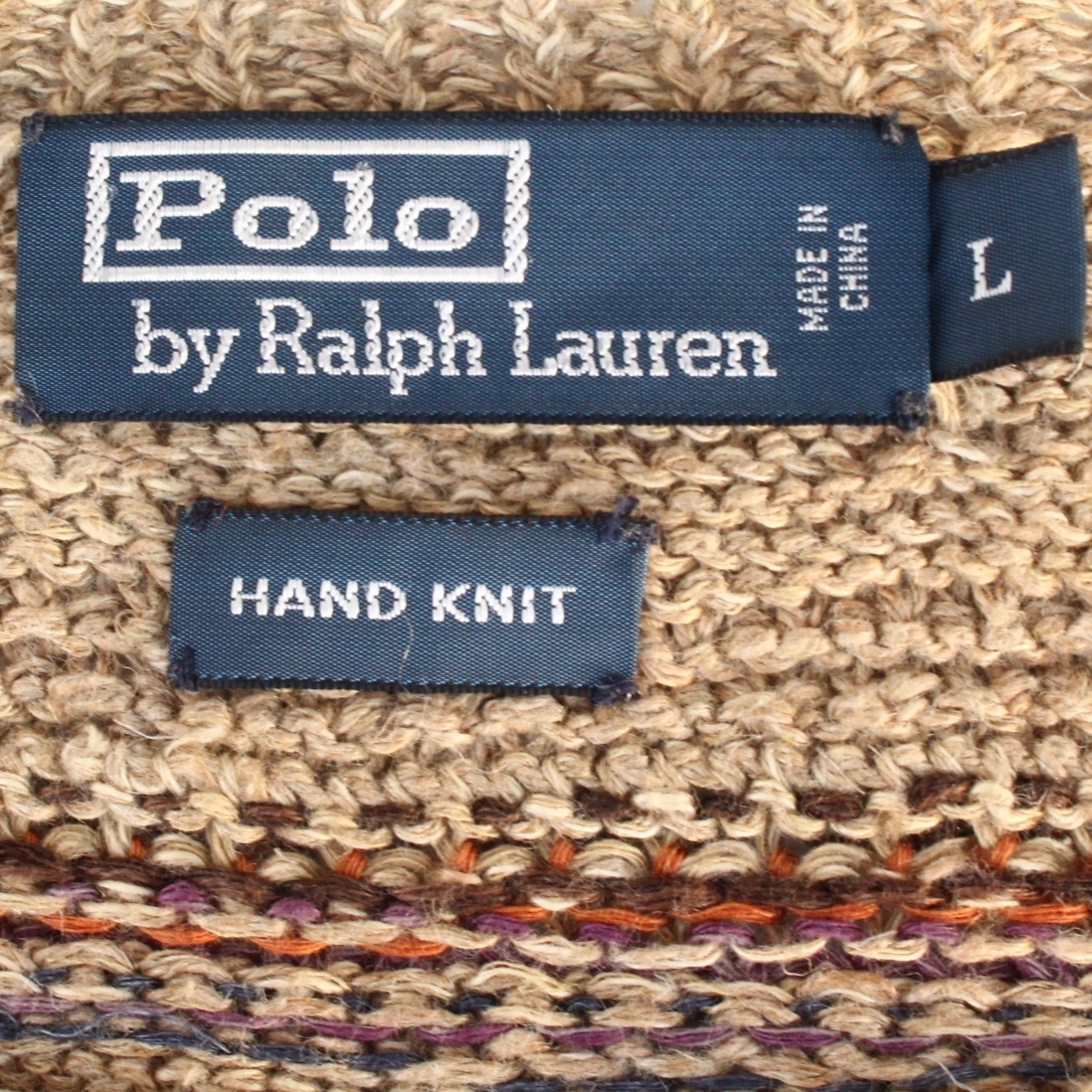 (09150)良品90s-00s RalphLaurenラルフローレン絹麻HAND KNITセーターL (民族柄ネイティブ シルク リネン紺タグ ハンドニットPoloポロ) POLO Ralph Lauren | ThriftTale リネン