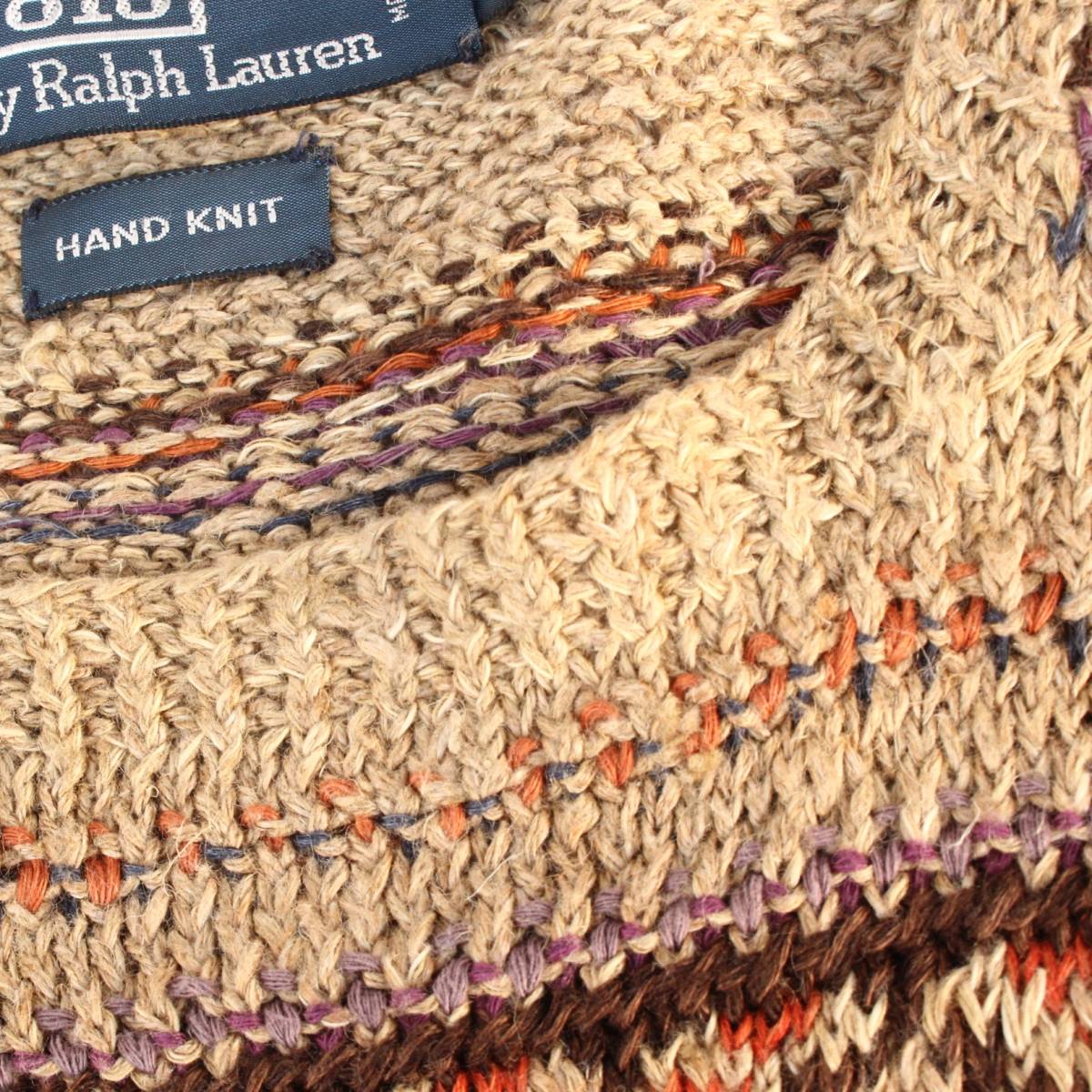 (09150)良品90s-00s RalphLaurenラルフローレン絹麻HAND KNITセーターL (民族柄ネイティブ シルク リネン紺タグ ハンドニットPoloポロ) POLO Ralph Lauren | ThriftTale リネン