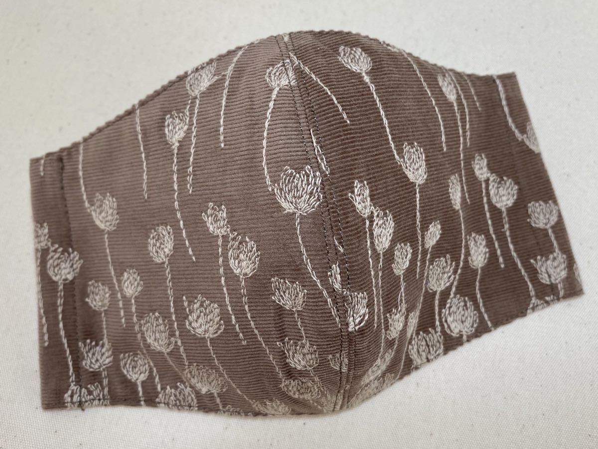 ☆ハンドメイド☆マスクカバー インナーマスク　コーデュロイ　モカブラウン　花柄　刺繍　秋冬　_2